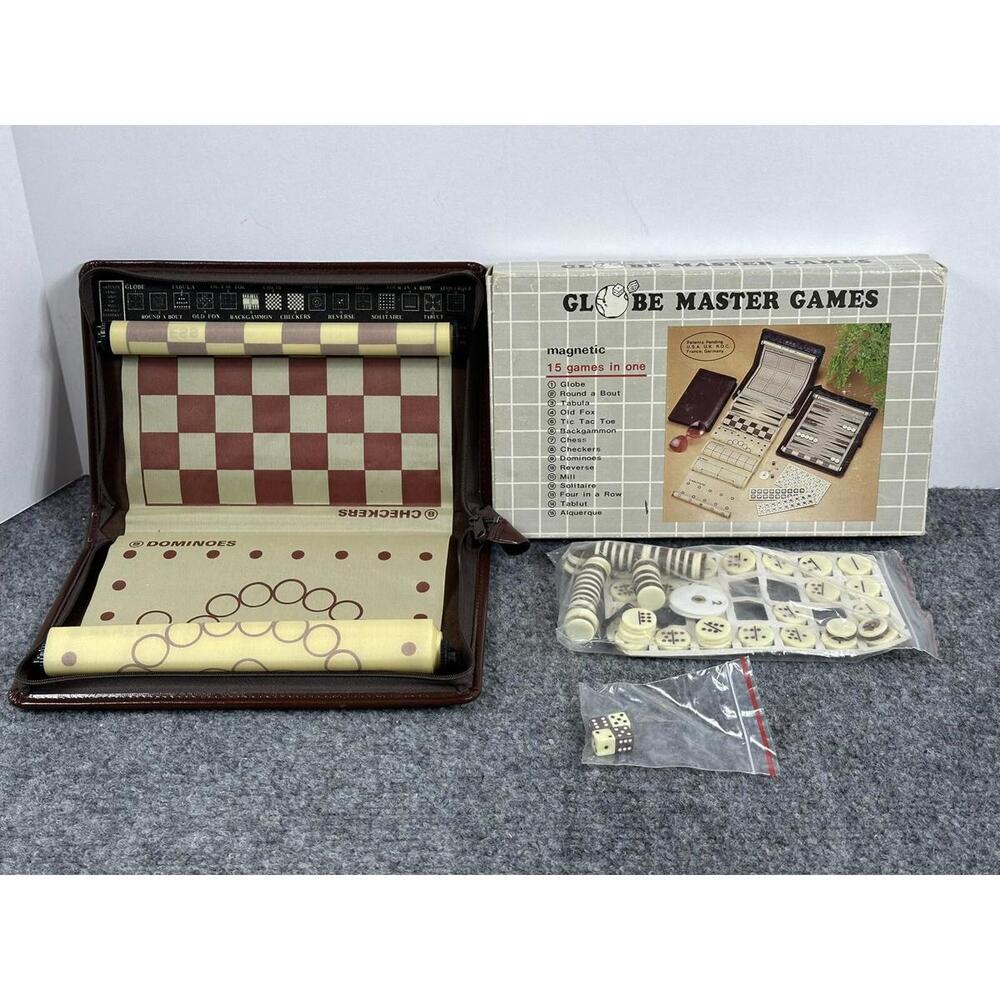 Vintage Globe Master Games 15 Magnetic Games Chess Mill Checkers Travel Case Fun